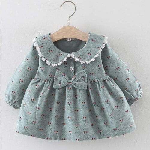 Baby Girl Clothes 2021 Newborn Baby Autumn Cute Dress Kids Solid Cherry Print Dresses with Bowknot Princess Dress Baby Clothing