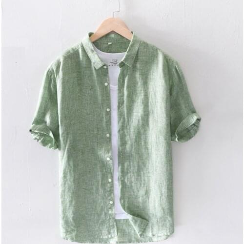 100% Pure Linen Men Short Sleeve Shirts Casual Fashion Green Pink Plaid Shirt Turn-down Collar Man 2020 Summer Tops Y2443