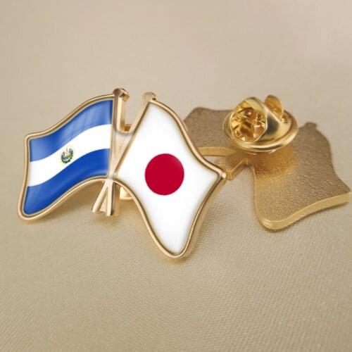 El Salvador and Japan Crossed Double Friendship Flags Lapel Pins Brooch Badges