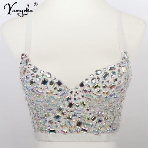Sexy white rhinestone bustier corset crop top women summer Party halter tank y2k top Push Up bra night club Cropped womens tops