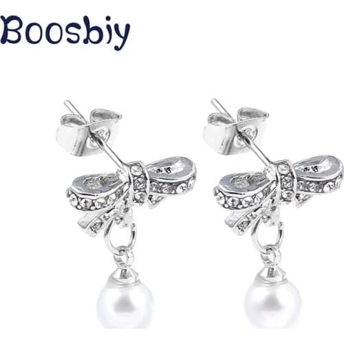 Silver Plated Fashion Brand Stud Earrings For Women Girls Pearl Stones & Lovely Crystal Bowknot Earrings Jewelry Gift