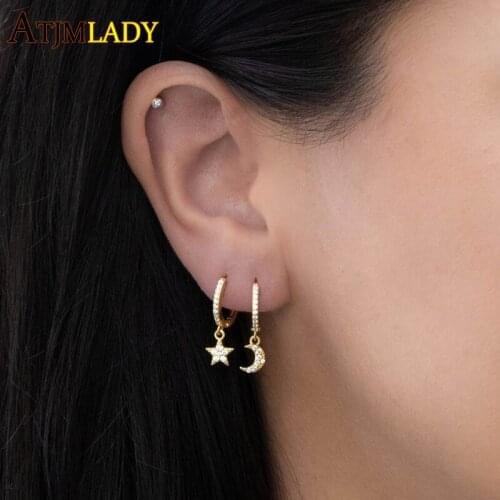 925 Sterling Silver Cubic Zirconia Earring Classic Tiny CZ Moon Star Charm Cute Lovely Girl Gift Minimal Delicate Silver Jewelry