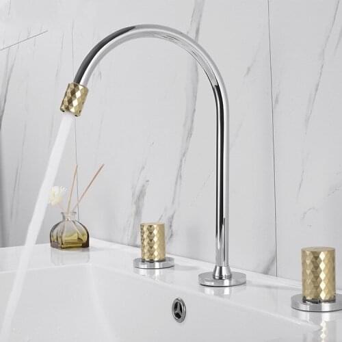Light luxury style Brass bathroom sink faucet three holes two handles basin mixer faucet Top quality tap--Chrome gold or Gold