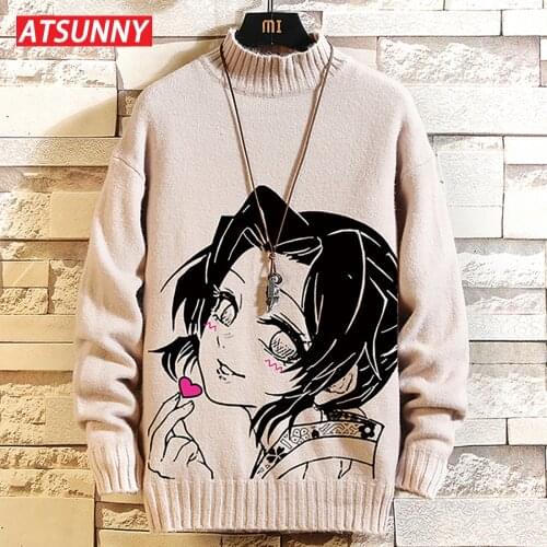 ATSUNNY Streetwear Vintage Retro Japanese Style Harajuku Sweater Anime Knitted Demon Slayer Kochou Shinobu Sweater Pullover