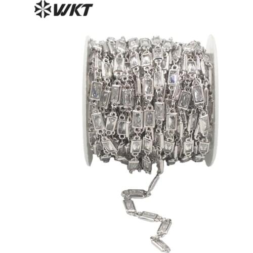 WT-BC086 Wholesale Custom Sparkly Cubic Zircon Rectangl Beads Chain With Silver Plated Brass Chain Custom Length 5m/lot Jewelry