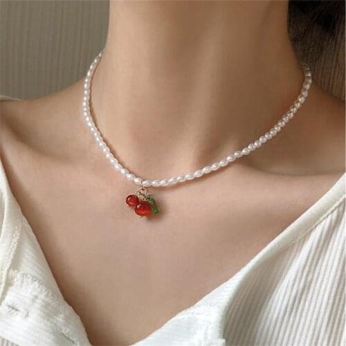 Kshmir 2020 Pearl Necklace, Cherry Pendant Necklace, Temperament Choker Women Short Clavicle Necklaces Accessories Neck Belt