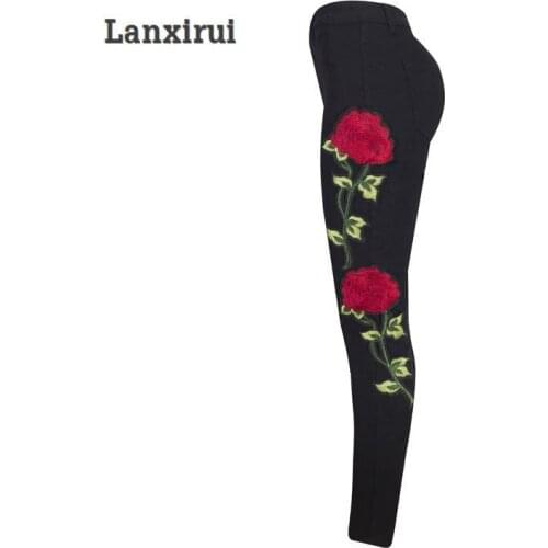 Womens High Waist Black Embroidery Flower Jeans Ripped Pencil Stretch Denim Pants Female Slim Skinny Trousers