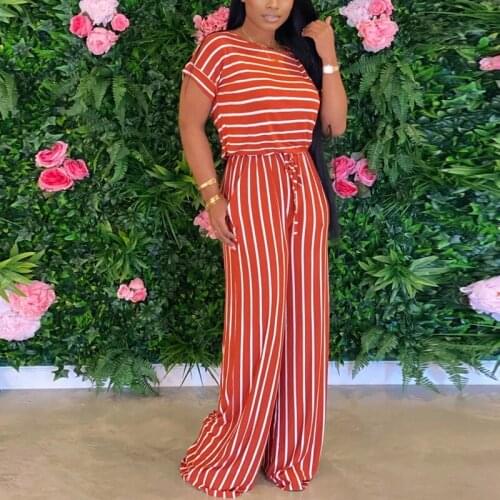Women Causal Striped Short Sleeve Jumpsuit Plus Size Loose Fit Summer Long Pants Daily Overalls Comfy Jumpsuit