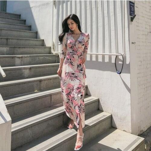 New arrival fashion korean spring long dress women OL temperament v-neck sweet pink print flower slim beach holiday wrap dress