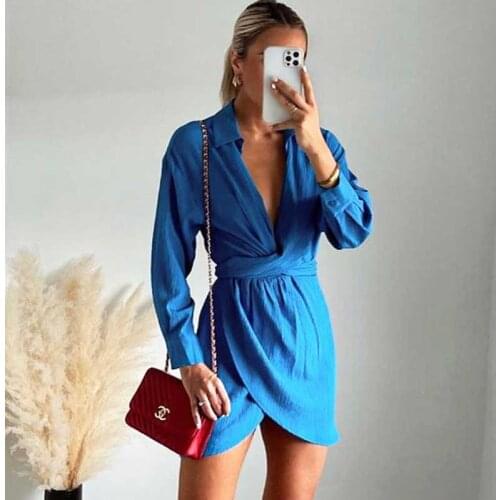 Boho Inspired BELTED MINI DRESS LAPEL COLLAR V-neck sexy women dress SLIT long sleeve laides dress fashion dresses for women new