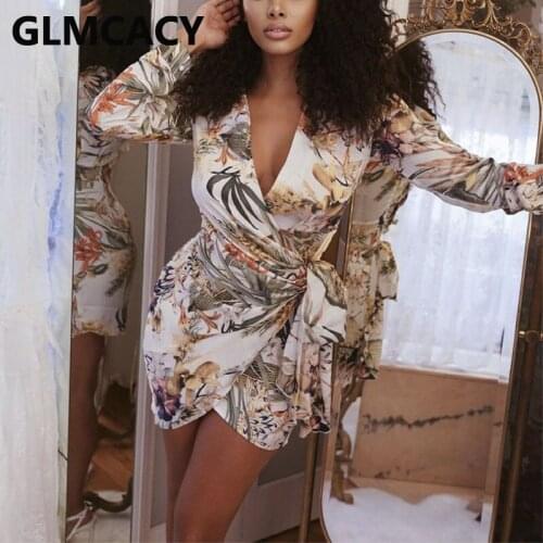 Women Floral Printed Long Sleeve V Neck Bodycon Mini Dress