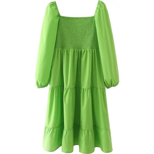 YENKYE New Fashion Women Tiered Green Dress Female Long Sleeve Sexy Square Neck Knee Length Dress Summer Casual Vestido