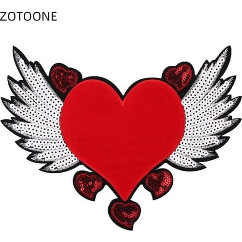ZOTOONE Iron on Sequin Patch Peach Heart Wings Cloth Stickers Sewing Embroidered Patches for Jackets DIY Badge Bag Appliques E
