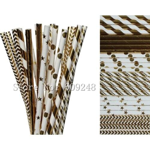 150pcs Metallic Gold Foil Paper Straws Mix,Gold Plain,Striped,Chevron,Polka Dot,Star,Retro Decorative Christmas Wedding Party