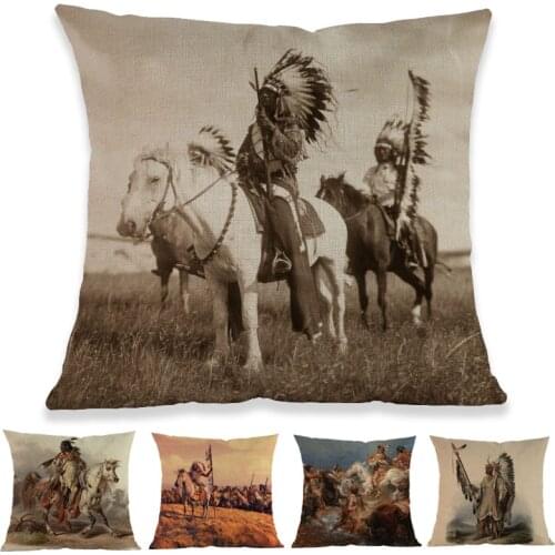 American Indians Dress National Headwear Life Customs Horseback Leader Silhouette Pillow Case Home Sofa Decorative Cushion Cover