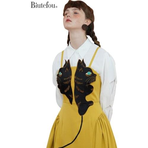 【Biutefou】Original Design 2021 Autumn Women Embroidery Art Cat Sleeveless Spaghetti Strap Dress