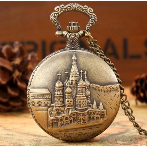 Bronze Castle Necklace Watch Men Women Quartz Pendant Retro Clock Chain Watches Arabic Numerals Display Timepiece Gifts