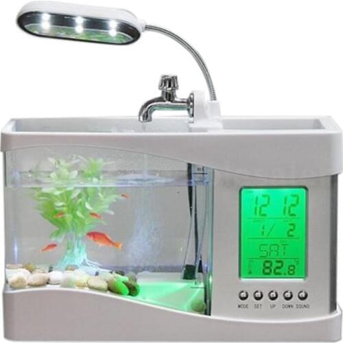 Home Aquarium Small Fish Tank USB LCD Desktop Lamp Light LED Clock White