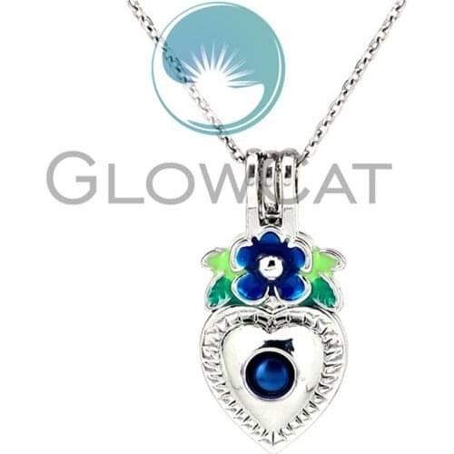Blue Enamel Flower Heart Beads Cage Locket Pendant Perfume Diffuser Pearl Cage Necklace KK1017