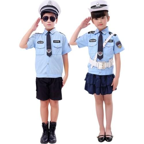Girls Clothes Set Halloween for Cosplay Costume Stage Performance Pleated Skirt+Police Uniform+cap+tie for Kids Boys