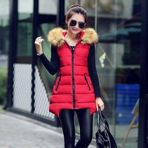 Large fur collar womens cotton vest mid-length Korean style slim plus size cotton jacket coat