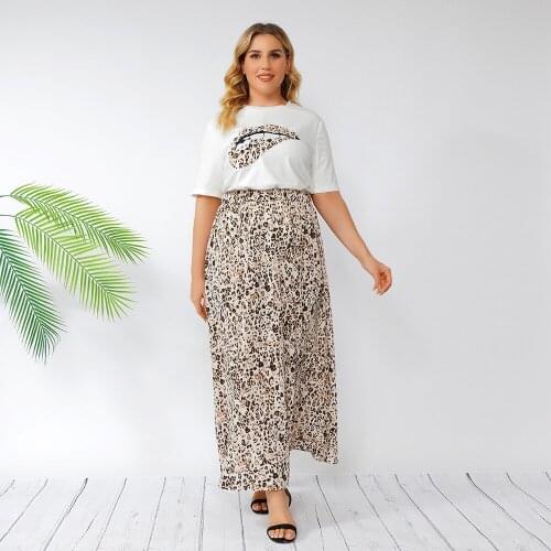 L-4XL Plus Size Casual Women Matching Two-piece Set Ruffled Leopard Print Skirt T-shirt Fashion Suit Spring Summer Female Outfit