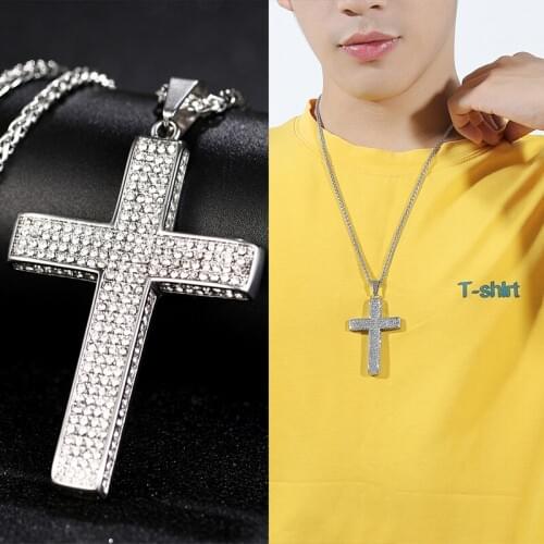Hip Hop Mens CZ Rhinestone Cross Pendant Necklace Stainless Steel Rope Chain Silver Color Necklace For Men Woman