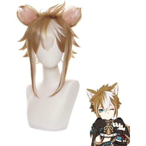 Gorou Cosplay Wig Game Genshin Impact Gorou Short Brown White Wig with Ears Synthetic Hair Heat Resistant Halloween Role Play