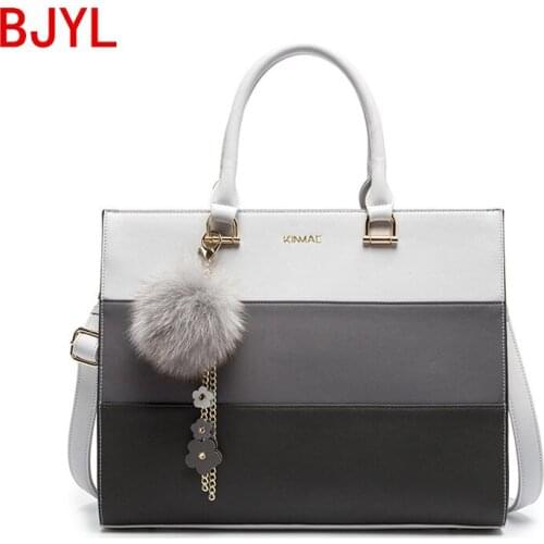 Luxury Fashion Women Handbag Fur Ball Tassel Document Tote Bag Female 14 Inch Laptop Briefcase Leather Business Shoulder Bags PU