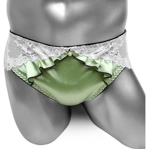 Sexy Sissy Satin Panties Floral Lace Back Transparent Mens Briefs Underwear Gay Lingerie Frilly Sissy Panties Bikini