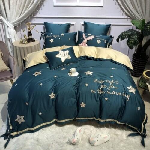 Stars Bedding Set Queen Size embroidery Bedding Sheet egyptian cotton Bed Linen ropa de cama King Bed Set Duvet Cover 4/7pcs
