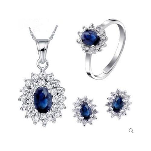 Natural real sapphire jewelry set Free shipping 925 sterling silver 1pair stud earring 1pc ring 1pc pendant 1ct*4pcs gemstone