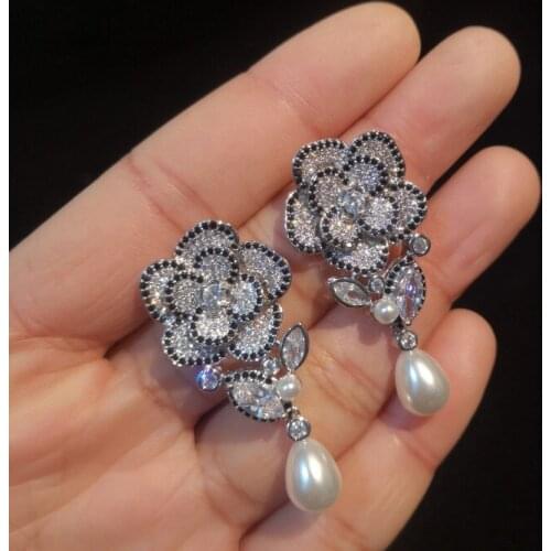 Vintage Style S925 Silver Ear Post Gorgeous Camellia Earrings Pave Zircon CZ With Freshwater Pearl Dangle Earrings For Women