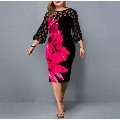 Mesh Dress Plus Summer Midi Long Sleeve Patchwork Lace Flowers Mesh Dresses Woman Party Night Sexy Plus Size Women Clothing