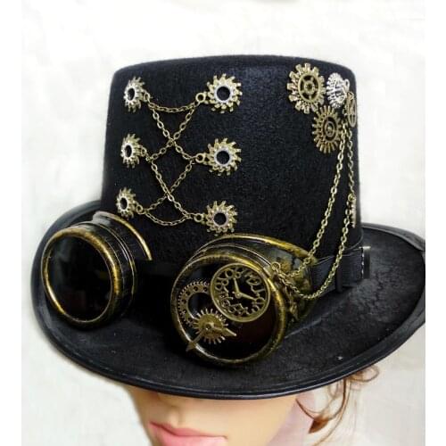 Handmade Retro Punk Unisex Party Black Hat Vintage Steampunk Gear With Gothic Goggles Top Hat Fedora Hats Accessories