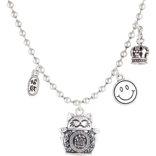 Vintage Silver Color Lucky Cat Accessories Long Necklace Female Lovely Animal Suspension Decoration Jewelry For Womens Pendants