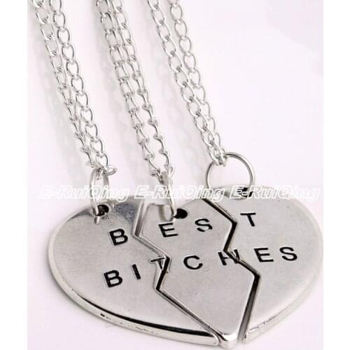 3PC/Set BFF Fashion Jewelry Gifts Friendship Silver Plated Best Bitches Broken Heart Parts Pendant Necklace Chain Hot Sale