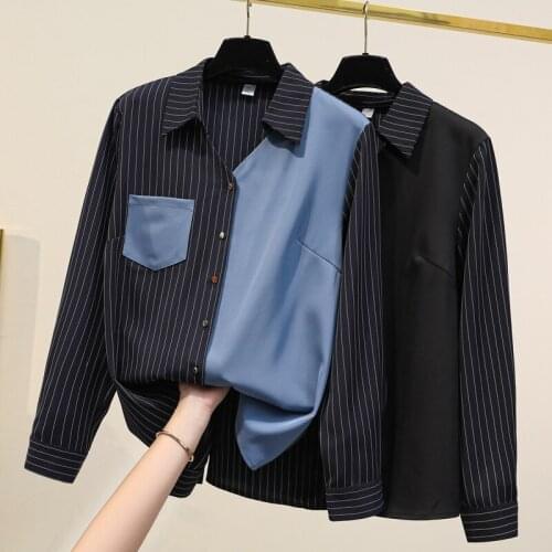 Striped Stitch Long Sleeved Plus Size Korean Autumn Elegant Fashion Blouses And Tops WomenS Oversize Shirt Clothing 2021 Female