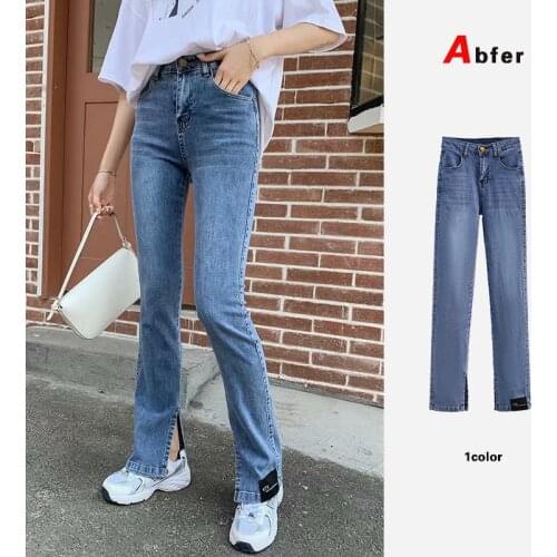 Abfer Plus Size Women Spring Autumn Korean Style Blue Washed Side Split Jeans Female KTX Logo Patches Denim Micro Flare Pants
