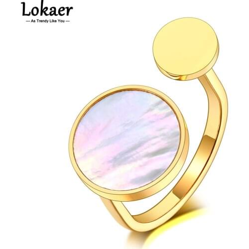 Lokaer New Design Titanium Stainless Steel Geometric Double Round Disc Rings 18K Gold Plated Bohemia Shell Ring For Women R21022