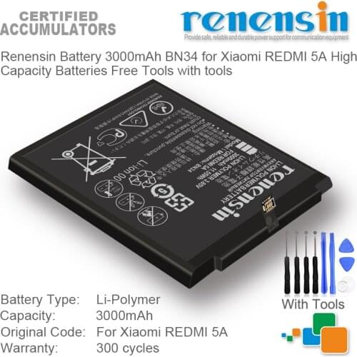 Renensin Battery 3000mAh BN34 for Xiaomi REDMI 5A High Capacity Batteries Free Tools with tools
