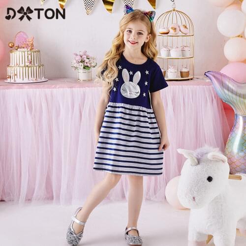 DXTON Kids Summer Dresses Striped Short Sleeve Toddler Girls Dress Rabbit Pattern Children Cotton Dress For Girls Casual Clothes