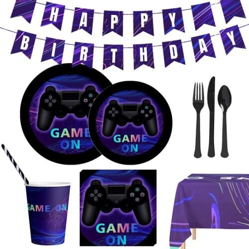 Video Game On Purple Party Supplies Tableware Decoration Controller Plates Cups Napkins Straws Banner Dinnerware Sets