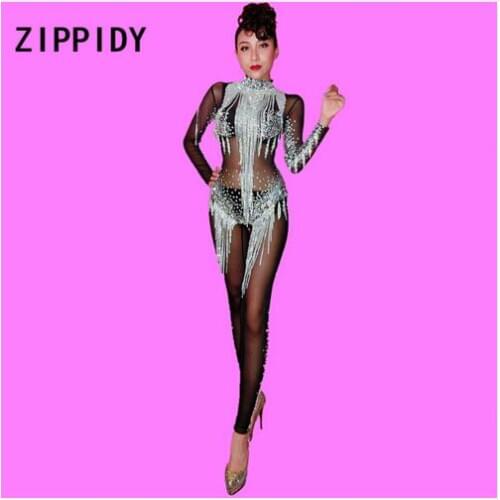 Fashion Sexy black Rhinestones Tassel Mesh Jumpsuit Big Diamonds Bodysuit Celebrate Luxurious Costume See Through Clothes