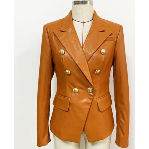 2021 New Womens Brown Coat Synthetic Leather Lion Head Metal Buckle Double Breasted Slim Suit Leather Jacket O05