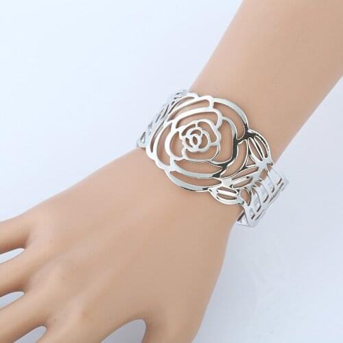 New Alloy Hollow Rose Flower Wide Open Cuff Bangles For Women Fashion Stretch Bangle Bracelets Vintage Elastico Duftgold