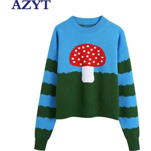 AZYT Autumn Winter Pullover Women Sweater Cute Cartoon Print O Neck Sweater Women 2021 Harajuku Plaid Winter Base Jumper Sweater
