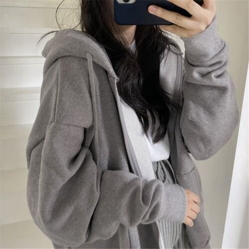 Women Harajuku Zip-up Sweatshirt Vintage Solid Long Sleeve Oversized Hooded Outwear Autumn Drawstring Pocket Casual Large Coats