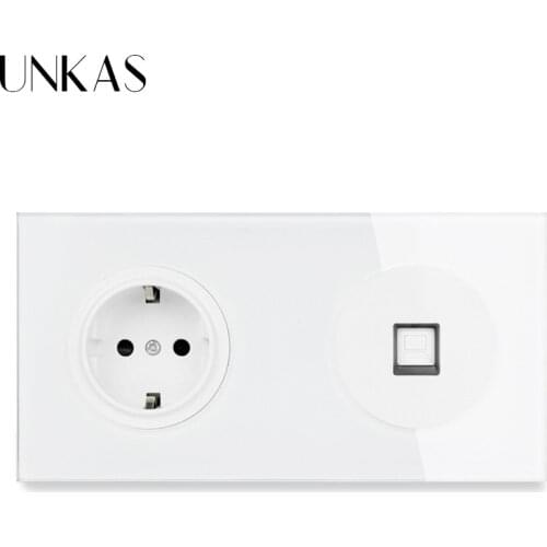 UNKAS Crystal Tempered Pure Glass Panel Panel Black French Standard Wall Socket +2 Gang CAT5E RJ45 Internet Data Computer Jack