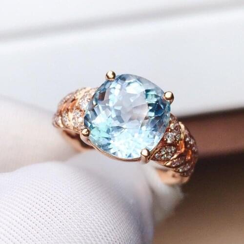 Z625 Aquamarine Ring Fine Jewelry Pure 18 K Gold Natural Blue Aquamarine Gemstones 3.5ct Fine Rings